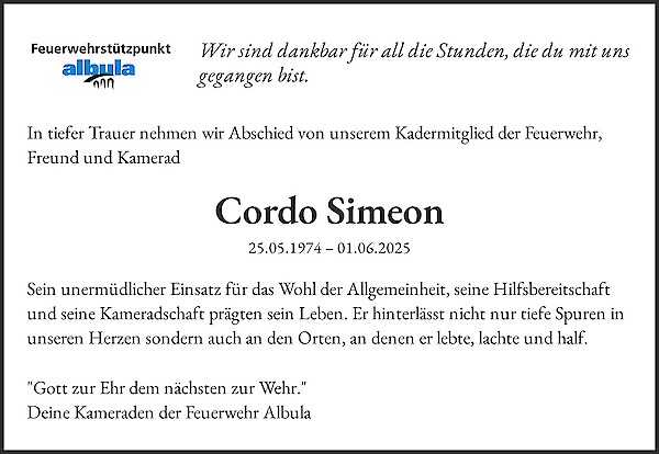 Todesanzeige von Cordo Simeon, Alvaneu Bad