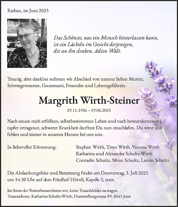 Obituary Margrith Wirth-Steiner