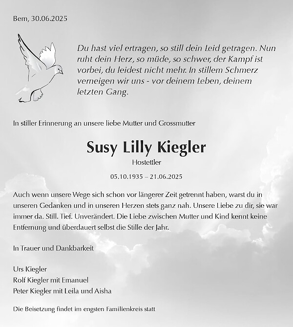 Obituary Susy Lilly Kiegler, Bern