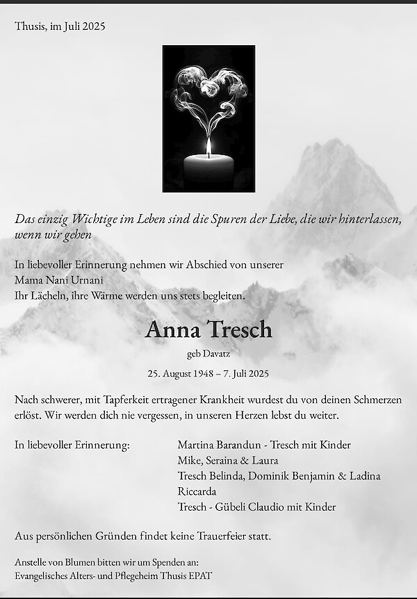 Todesanzeige von Anna Tresch, Thusis