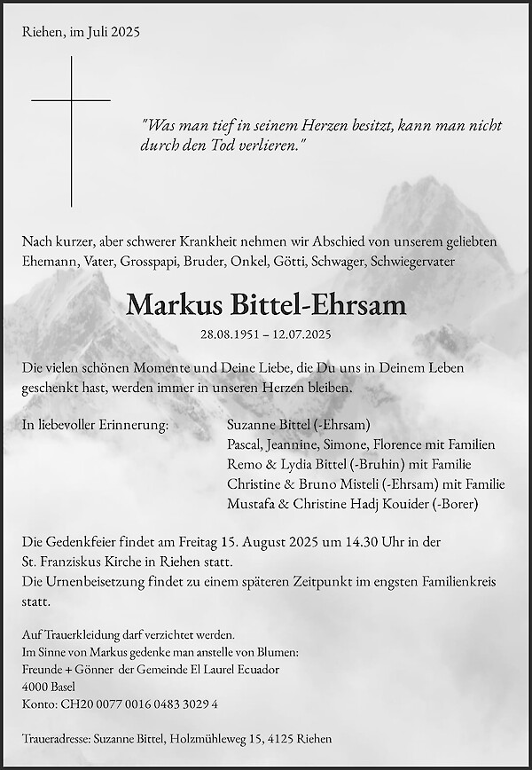Todesanzeige von Markus Bittel-Ehrsam, Riehen