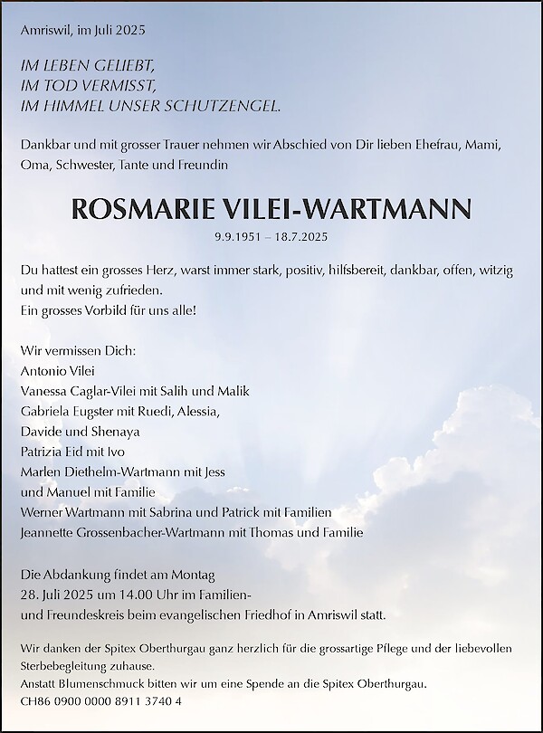 Obituary ROSMARIE VILEI-WARTMANN, Amriswil