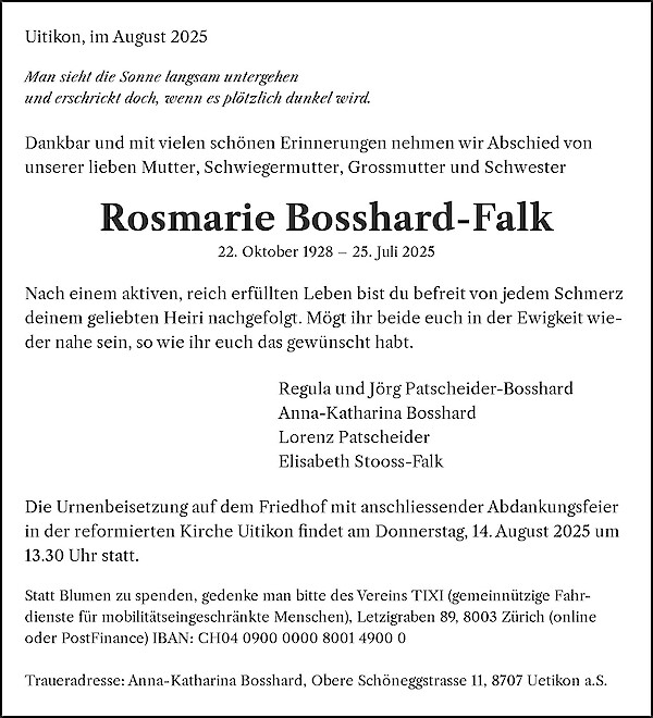Todesanzeige von Rosmarie Bosshard-Falk