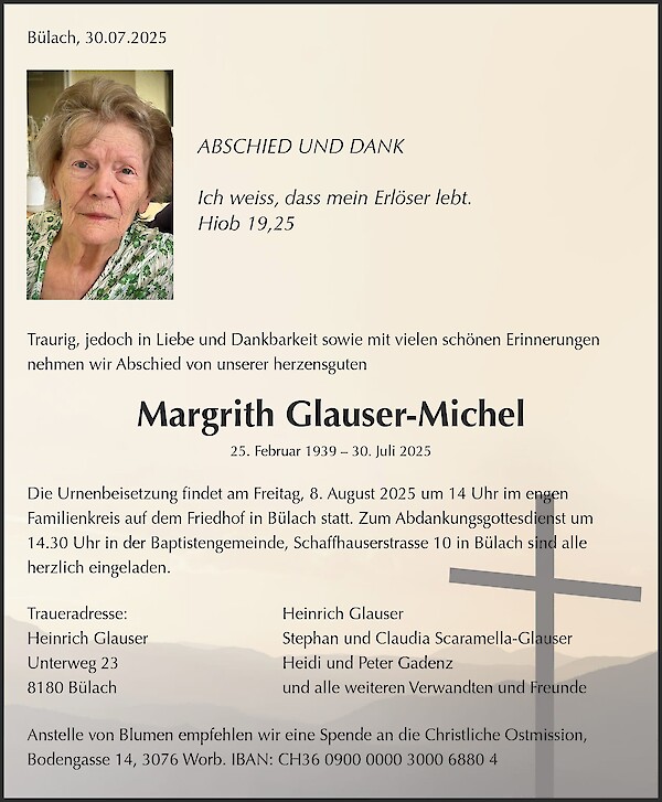 Todesanzeige von Margrith Glauser-Michel