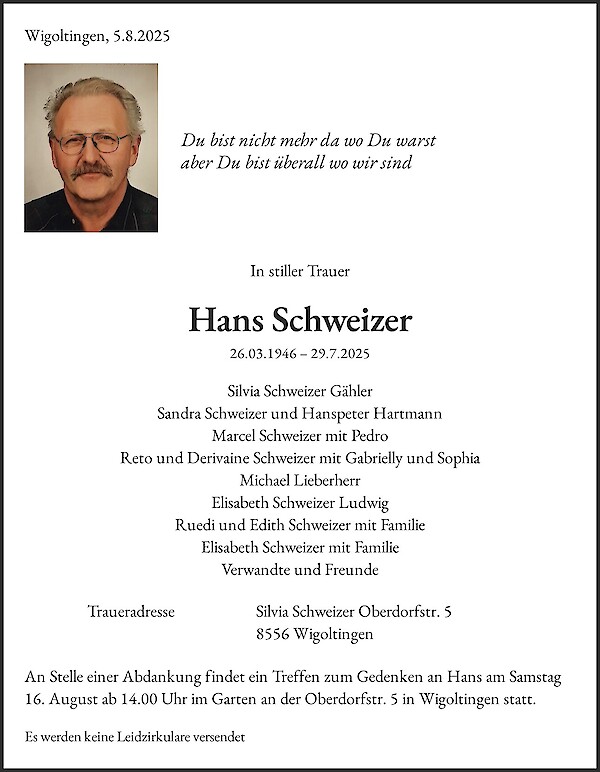 Todesanzeige von Hans Schweizer, Wigoltingen