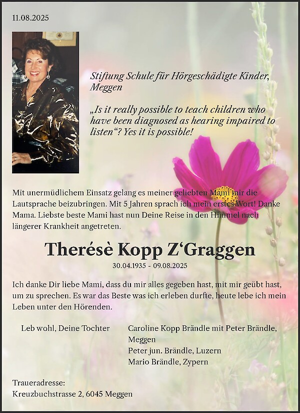 Todesanzeige von Therésè Kopp Z‘Graggen, Luzern