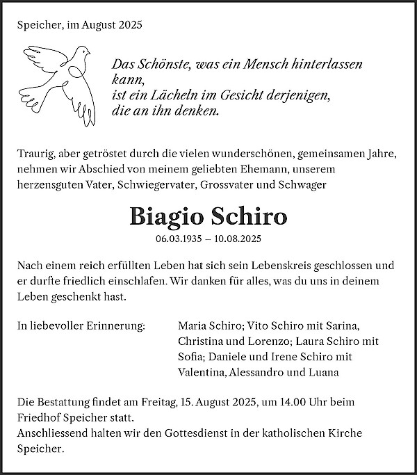 Obituary Biagio Schiro, Speicher