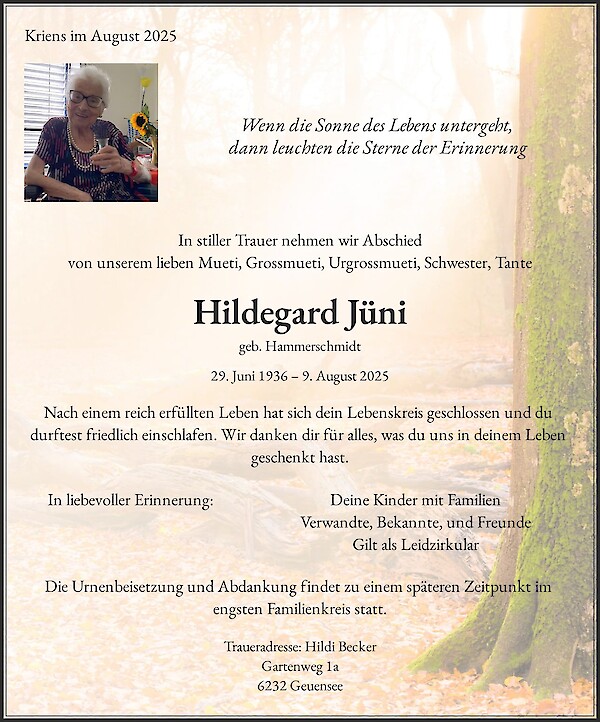 Todesanzeige von Hildegard Jüni, Kriens
