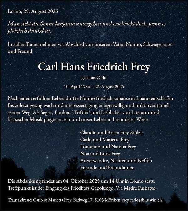 Todesanzeige von Carl Hans Friedrich Frey, Loano, Italien
