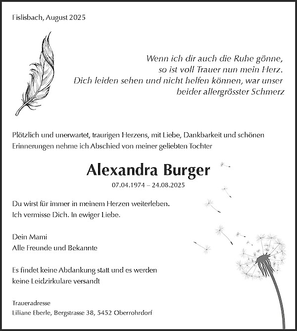 Obituary Alexandra Burger, Fislisbach