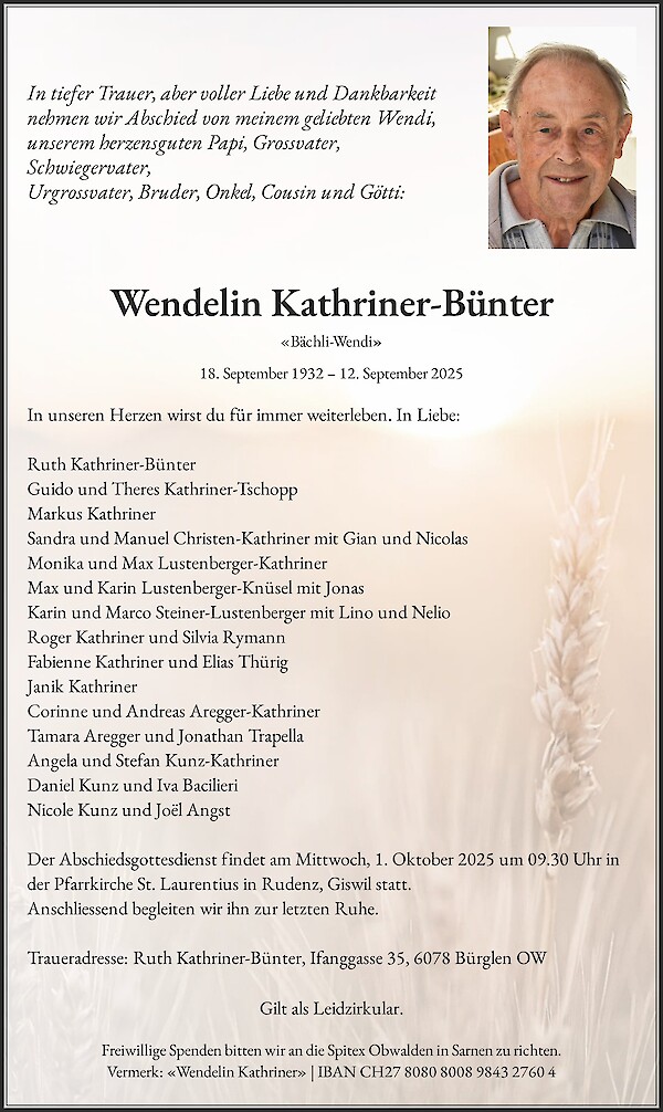 Avis de décès de Wendelin Kathriner-Bünter, Bürglen