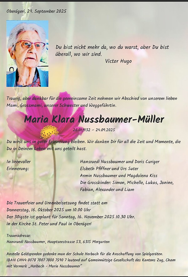 Obituary Maria Klara Nussbaumer-Müller