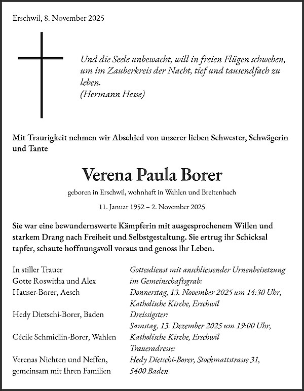 Obituary of Verena Paula Borer