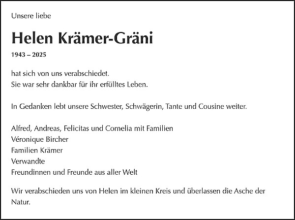 Obituary of Helen Krämer-Gräni