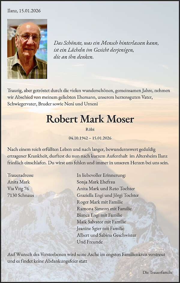 Obituary of Robert Mark Moser, Schnaus