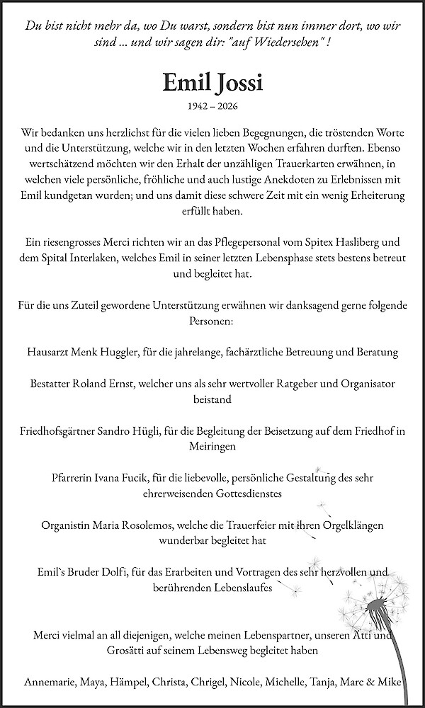 Note of Thanks of Emil Jossi