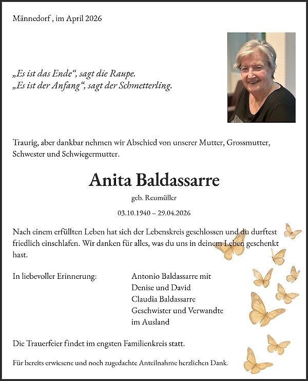 Obituary of Anita Baldassarre, M&auml;nnedorf
