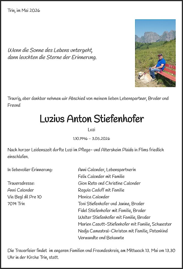 Obituary of Luzius Anton Stiefenhofer