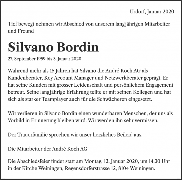 Todesanzeige von Silvano Bordin, Unterengstringen