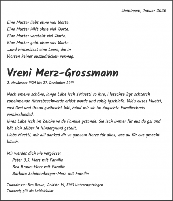 Necrologio Vreni Merz-Grossmann, Weiningen