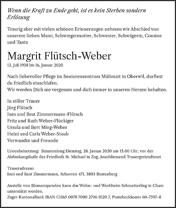 Avis de décès de Margrit Flütsch-Weber, Oberwil bei Zug