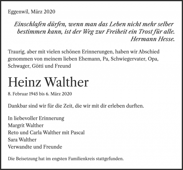 Avis de décès de Heinz Walther, Eggenwil