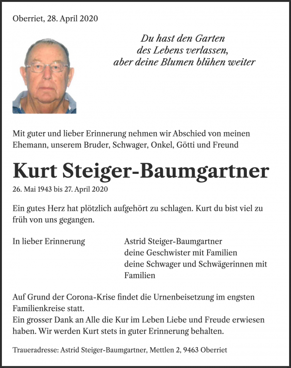 Necrologio Kurt Steiger-Baumgartner, Oberriet