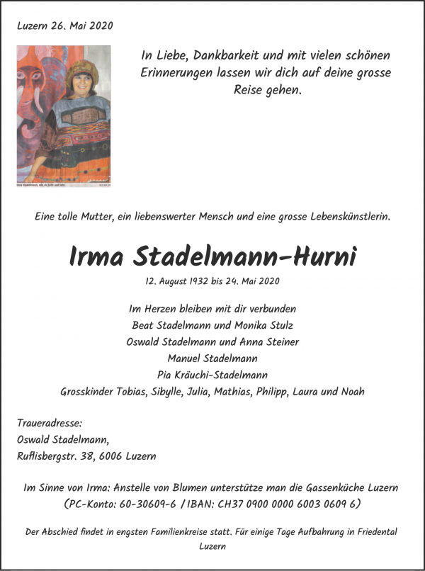 Todesanzeige von Irma Stadelmann-Hurni, Emmenbrücke