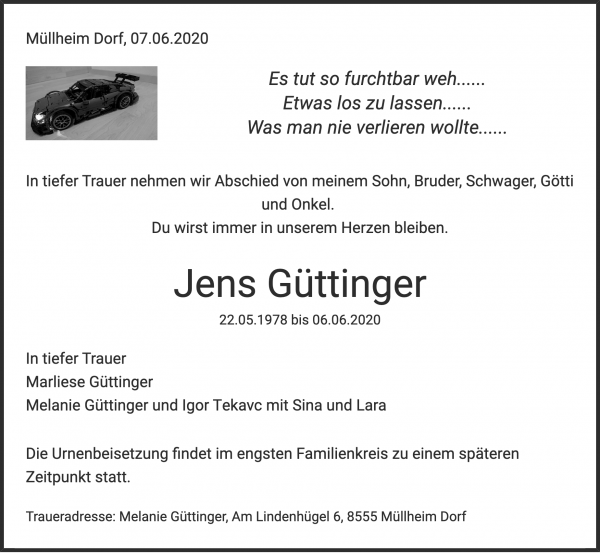 Todesanzeige von Jens Güttinger, Felben-Wellhausen