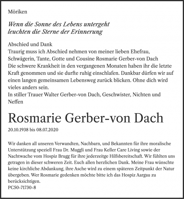 Avis de décès de Rosmarie Gerber-von Dach, Möriken