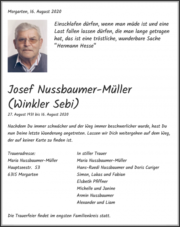 Avis de décès de Josef Nussbaumer-Müller (Winkler Sebi), Oberägeri