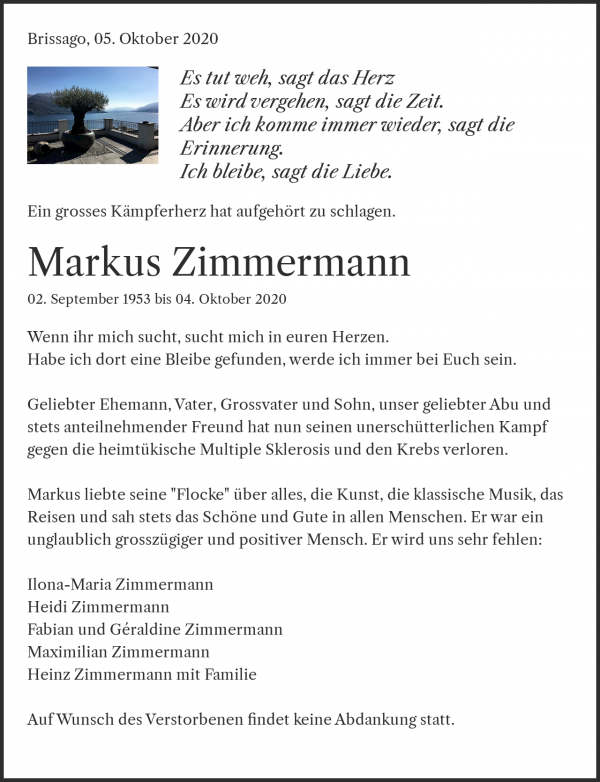 Obituary Markus Zimmermann, Brissago