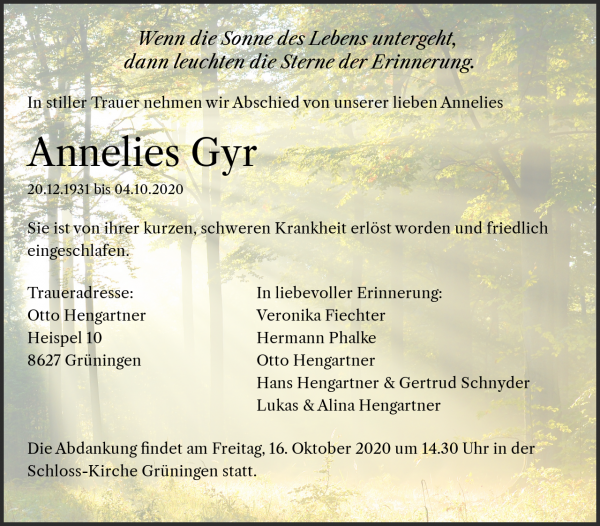 Necrologio Annelies Gyr, Grüningen