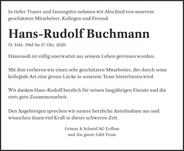 Obituary Hans-Rudolf Buchmann, Rüti