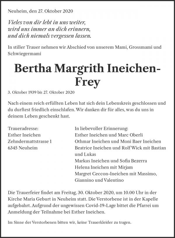 Avis de décès de Bertha Margrith Ineichen-Frey, Baar