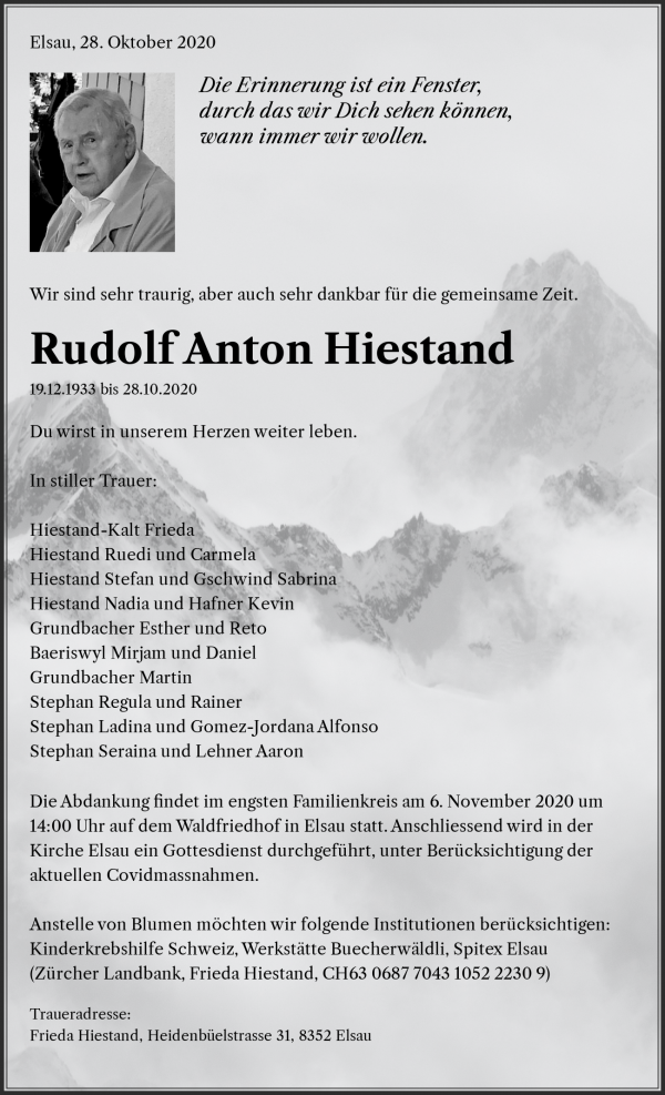 Avis de décès de Rudolf Anton Hiestand, Elsau