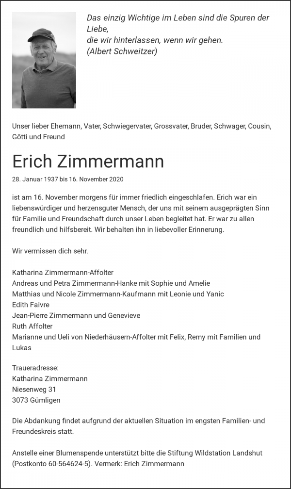 Todesanzeige von Erich Zimmermann, Gümligen