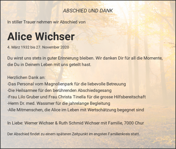 Necrologio Alice Wichser, Solothurn