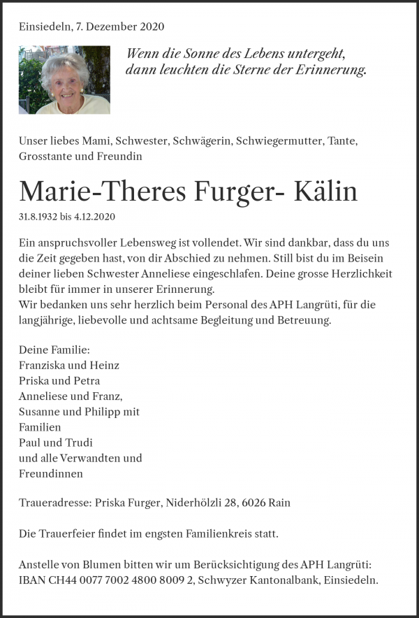 Avis de décès de Marie-Theres Furger- Kälin, Einsiedeln