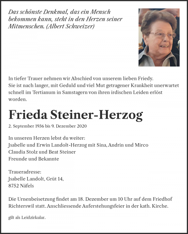 Avis de décès de Frieda Steiner-Herzog, Richterswil