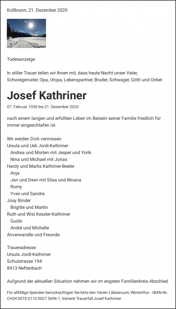 Obituary Josef Kathriner, Kollbrunn