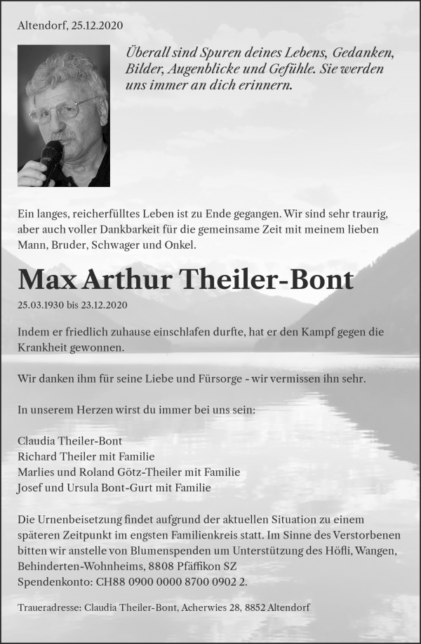 Avis de décès de Max Arthur Theiler-Bont, Altendorf