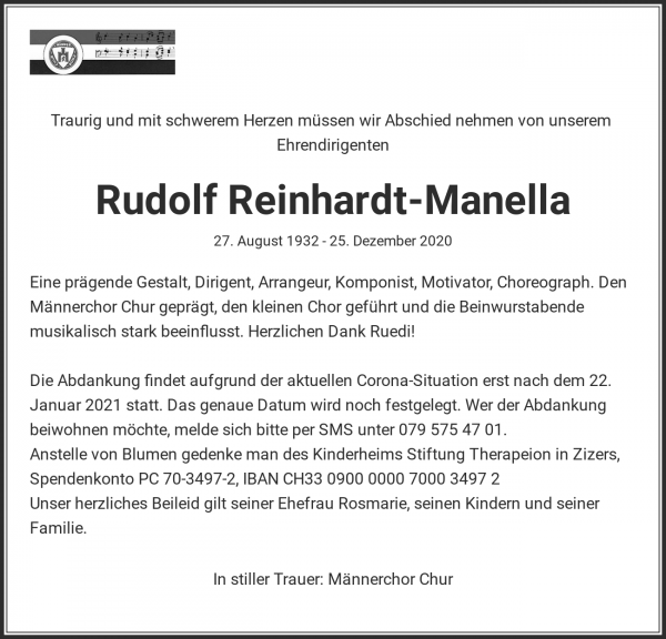 Avis de décès de Rudolf Reinhardt-Manella, Chur