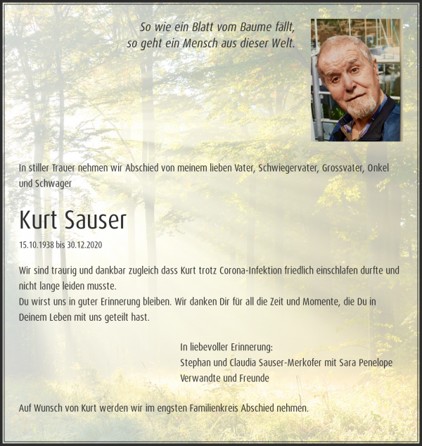 Avis de décès de Kurt Sauser, Kölliken
