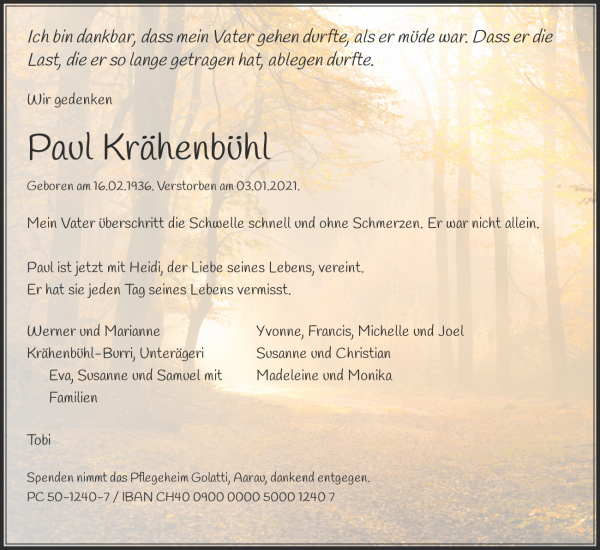 Avis de décès de Paul Krähenbühl, Aarau