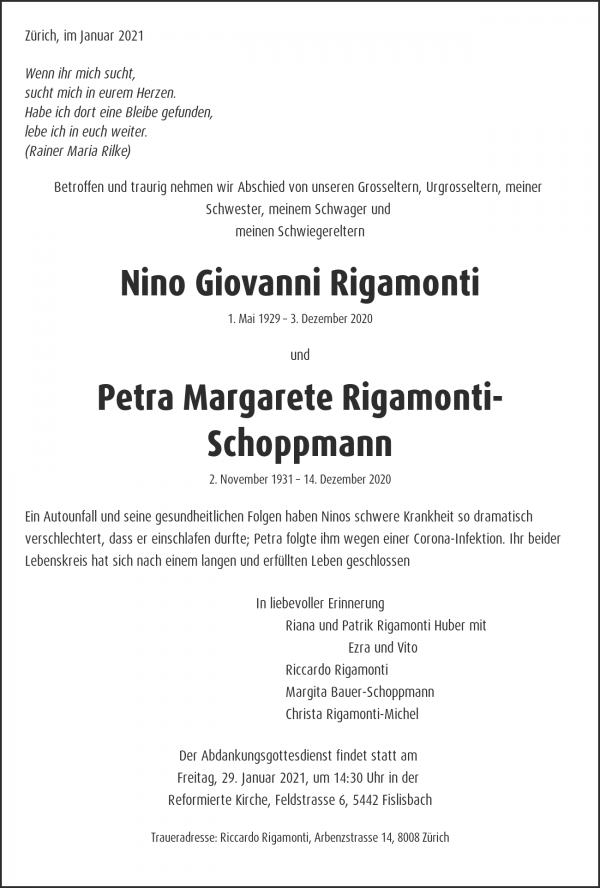 Necrologio Nino Giovanni Rigamonti, Fislisbach