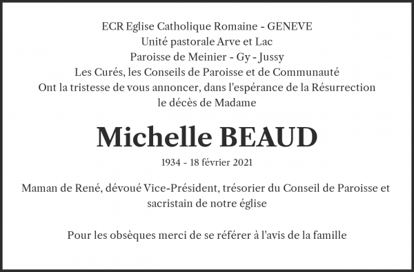 Avis de décès de Michelle BEAUD, Morges