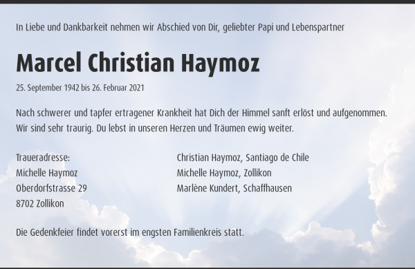Avis de décès de Marcel Christian Haymoz, Schaffhausen
