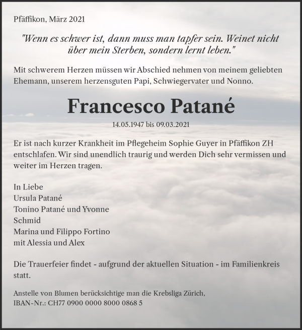 Necrologio Francesco Patané, Pfäffikon