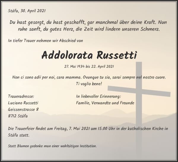 Obituary Addolorata Russetti, Stäfa